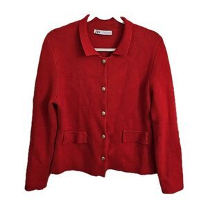 Zara Cardigan Large Red Knit Gold Button Collar Lapel Sweater Bloggers Fave NWOT